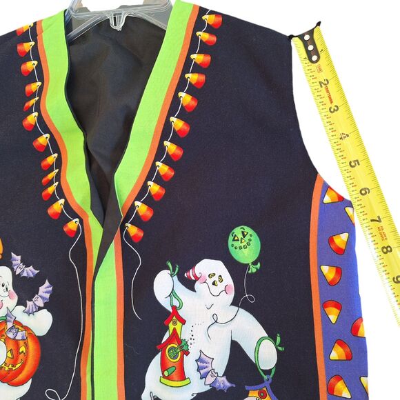 Halloween Vest Whimsical Cotton black orange lime Ghosts Homemade VTG small med - Picture 8 of 11